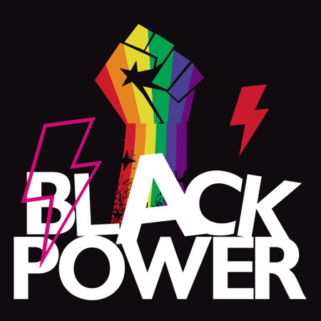 Black Power. Design for black history month t-shirt. Vector illustration of fist with the colors of the rainbow isolated on blackのイラスト素材