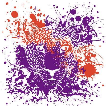 vector illustration of a leopard's face next to purple and orange spots.のイラスト素材