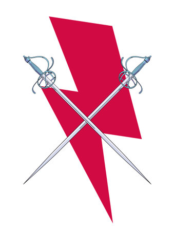Vector illustration of two clashing swords over the symbol of red thunderbolt. Ideal design for chivalry and adventure comics.のイラスト素材