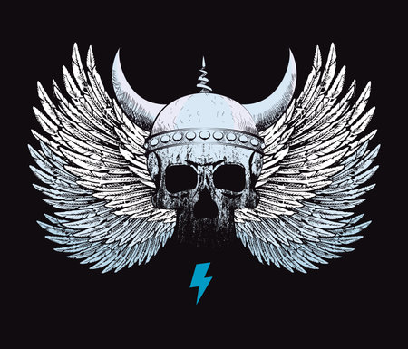 T-shirt design of a Viking skull with wings and the symbol of thunderbolt.の写真素材