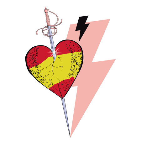 T-shirt design of a heart with the colors of Spain pierced by a sword and the symbol of thunder. Illustration about Spanish nationalism,のイラスト素材