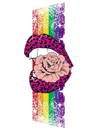 sexy lips t-shirt design with a vertical rainbow behind. Vector illustration for gay pride day.のイラスト素材