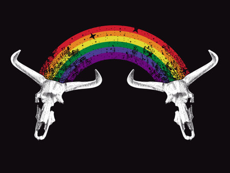design for t-shirt of two horned animal bones joined by a rainbowのイラスト素材