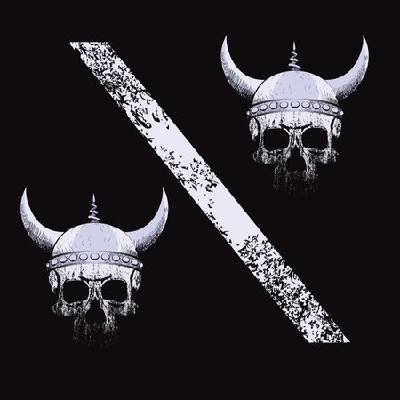 vector illustration of percent sign formed by two viking skulls isolated on blackの写真素材
