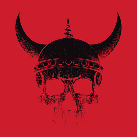 T-shirt illustration of a viking skull on a red background. Design to illustrate demonic themesのイラスト素材