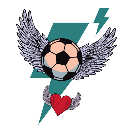 T-shirt design of a soccer ball with wings over the symbol of thunder. winged red heart Vector illustration for soccer lovers.のイラスト素材