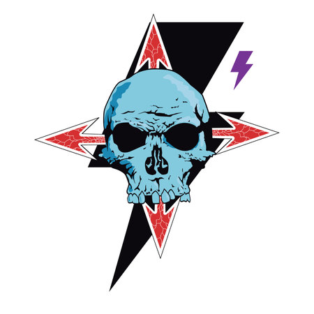 T-shirt design of a skull with the symbol of thunder and red arrows. Vector illustration for a heavy rock group or bikersのイラスト素材