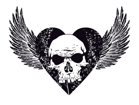 T-shirt design of a black winged heart with a skull. vector illustration ideal for a heavy rock album coverのイラスト素材