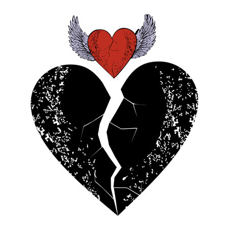 T-shirt design of a large black heart and a winged red heart isolated on whiteのイラスト素材