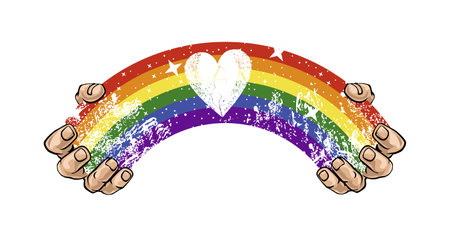 design for t-shirt with hands joined by a rainbow and a heart in the middle. Vector illustration for gay pride day.のイラスト素材