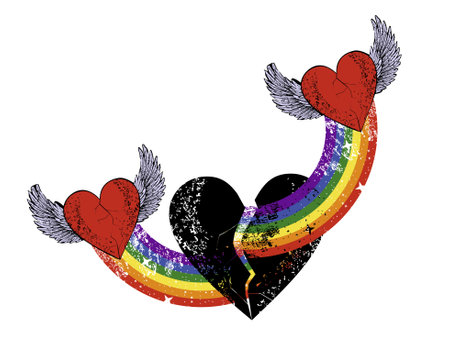 T-shirt design of two red winged hearts and a large black heart with rainbow. vector illustration for gay pride day.のイラスト素材