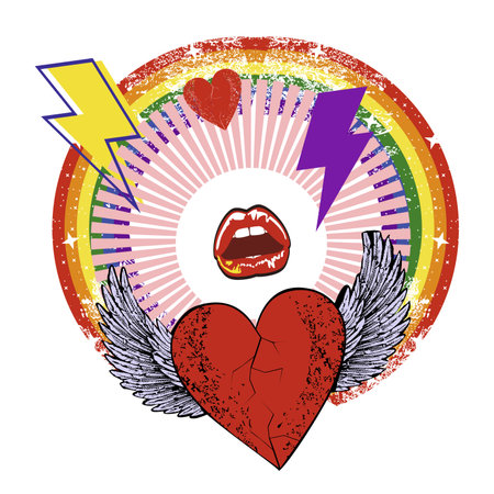 T-shirt design of a winged heart, a rainbow and symbols of thunderbolt. Vector illustration to commemorate gay pride dayのイラスト素材