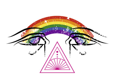 T-shirt design of two Egyptian eyes joined by a rainbow. Vector illustration for gay pride dayのイラスト素材