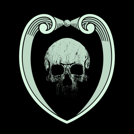 t-shirt design of a skull reflected in a dark mirror. Vector illustration to accompany evil characters from children's stories.のイラスト素材