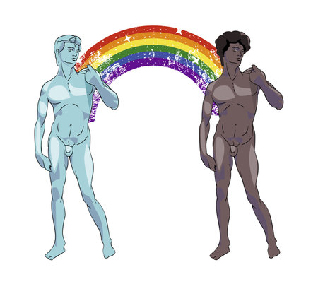 illustration for a t-shirt of a white man and a black man united by a rainbow. Vector illustration for gay pride day.のイラスト素材