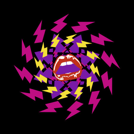 Design for t-shirt of geometric shapes with symbols of thunderbolts and red lips isolated on blackのイラスト素材
