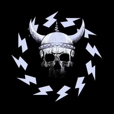 Viking skull t-shirt design with thunder symbols isolated on black.のイラスト素材