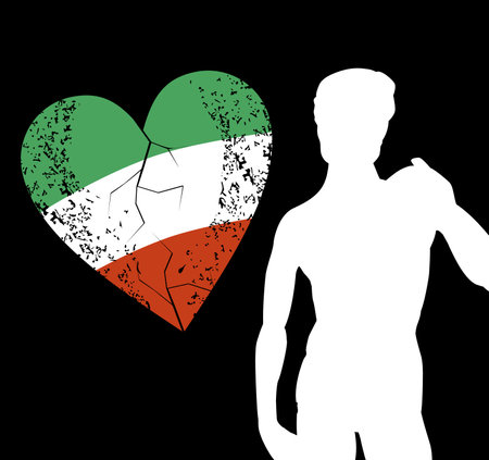 T-shirt design of a heart with the colors of the Italian flag and a silhouette of a Renaissance sculpture. Statue of David from Florence, Italy made by Michelangelo.のイラスト素材