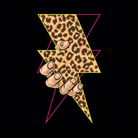 Design for t-shirt of the symbol of thunderbolt with animal print and a hand. Vector illustration for the textile industry.のイラスト素材