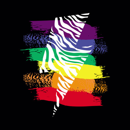 Design for thunder symbol t-shirt with zebra print with the colors of the rainbow in the background. Vector illustration to remember the day of gay pride.のイラスト素材