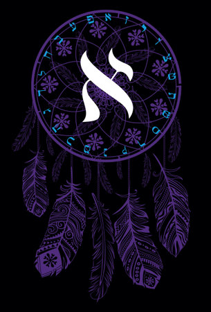 Vector illustration of the Hebrew alphabet in an ethnic design. Hebrew letter called Aleph next to a dream catcher.のイラスト素材