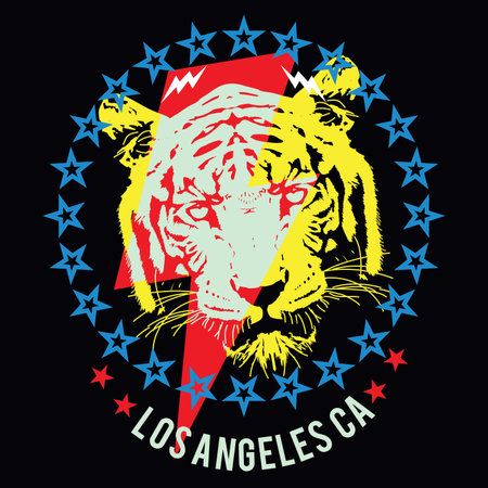 T-shirt design of a tiger head with the symbol of thunderbolt surrounded by stars on blackのイラスト素材