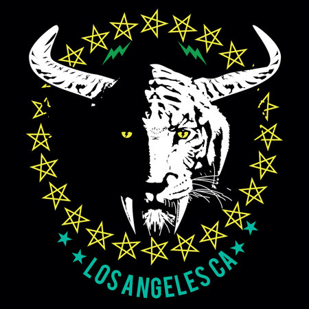 The Angels. T-shirt design of a saber-toothed tiger head with horns surrounded by stars. vector illustration of fantastic content.のイラスト素材