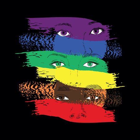 T-shirt design with rainbow-colored strokes with eyes of women of different races. Vector illustration for gay pride day and feminist struggles.のイラスト素材