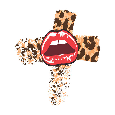 T-shirt design of sensual red lips on a cross with animal print. Vector illustration for the textile industry. SHOTLIST1990.のイラスト素材