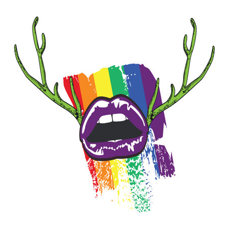 Sexy lips t-shirt design with elk horns over rainbow colors. Vector illustration good for gay pride day.のイラスト素材