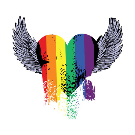 Design for a winged heart t-shirt with the colors of the rainbow. Vector illustration good for Valentine's Day.のイラスト素材
