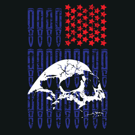T-shirt design of a skull next to the USA flag made up of bullets. Anti militarist vector illustration.vのイラスト素材