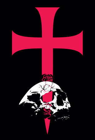 T-shirt design of a fallen skull under a large medieval cross. Good illustration for heraldic themes.のイラスト素材
