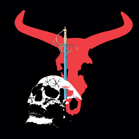Skull t-shirt design with a sword on a horned animal silhouette. Demonic vector illustration.のイラスト素材