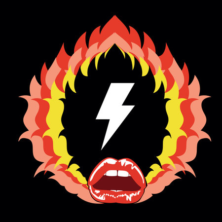 Design for a demonic t-shirt with the symbol of thunderbolt and sensual red lips. Glam rock poster.のイラスト素材