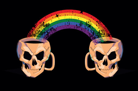 T-shirt design of two skull-shaped mugs joined by a multicolored rainbow isolated on black. Good illustration for gay pride day.のイラスト素材