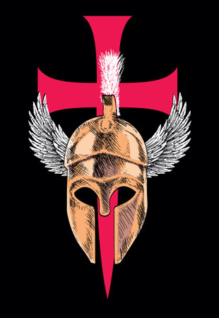 T-shirt design of a winged Spartan helmet next to a large medieval cross isolated on black. Good illustration for chivalric adventures.のイラスト素材