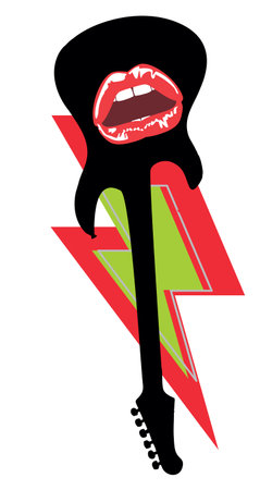 T-shirt design of an electric guitar with red lips and the symbol of thunderbolt isolated on white. Glam rock poster.のイラスト素材
