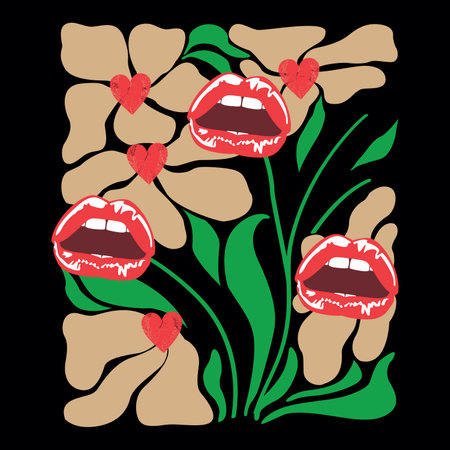 Hippie t-shirt design with flowers mixed with red lips. Psychedelic vector illustration.のイラスト素材