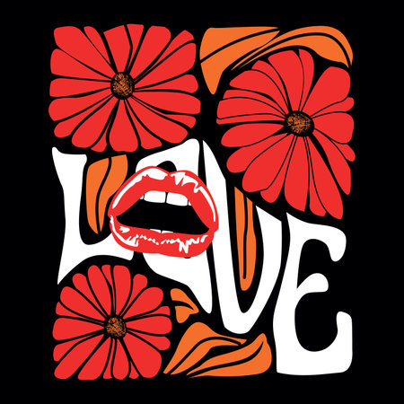 Sees it. T-shirt design with flowers and the word love along with sensual red lips. Hippie vector illustration.のイラスト素材
