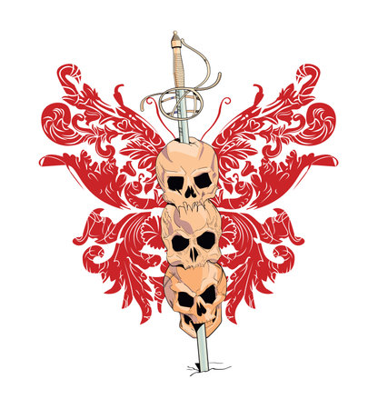 T-shirt design with three skulls skewered by a medieval sword. Illustration about the horrors of war.のイラスト素材