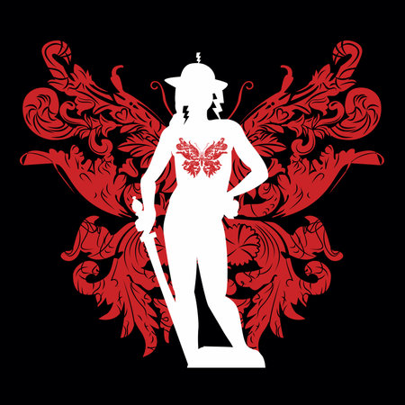 T-shirt design of a naked man's silhouette with a red butterfly. Renaissance sculpture of David by Donatello.のイラスト素材