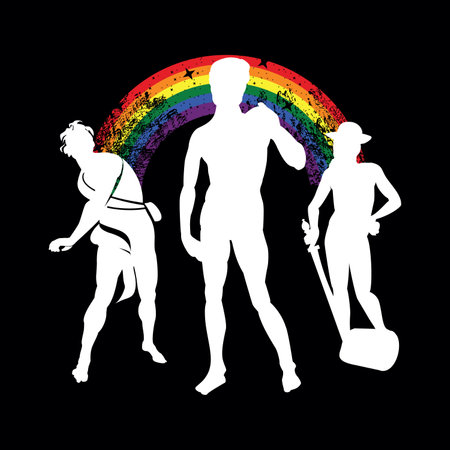 T-shirt design of three silhouettes of men united by a rainbow. Good illustration for gay pride, Three sculptures of David, made by Michelangelo, Bernini and Raphael.のイラスト素材