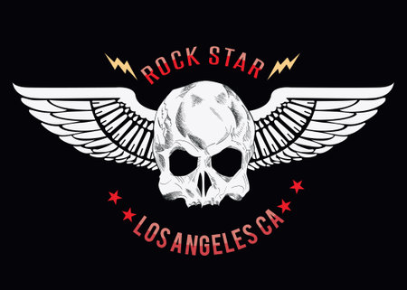 Rock star. Winged skull t-shirt design on a black background. Satanic illustration.のイラスト素材