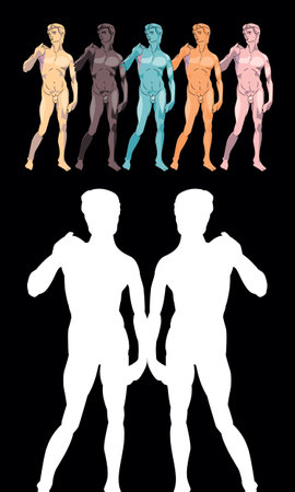 T-shirt design of two silhouettes of young people holding hands and figures of different skin colors. David by Michelangelo in different colors. Gay pride and sexual diversity.のイラスト素材