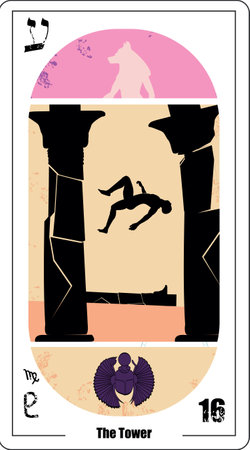 Egyptian tarot card number sixteen, called The Tower. Illustration of person falling next to collapsing towers and a blue beetleのイラスト素材