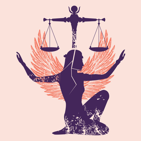 T-shirt design featuring the silhouette of an Egyptian woman on her knees with outstretched arms, wings and a scale, in blue and orange tones.のイラスト素材