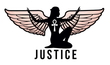 Justice. T-shirt design of a winged Egyptian woman silhouette with outstretched arms.のイラスト素材