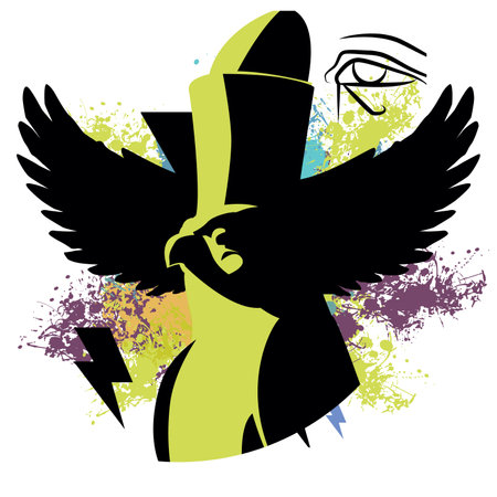 T-shirt design of a sculpture of a divine Egyptian bird with outstretched wings. Symbols of thunder and the eye of Horus.のイラスト素材