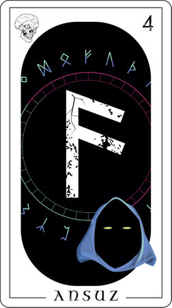Viking tarot card with runic alphabet.runic letter called Ansuz next to a Viking skullのイラスト素材